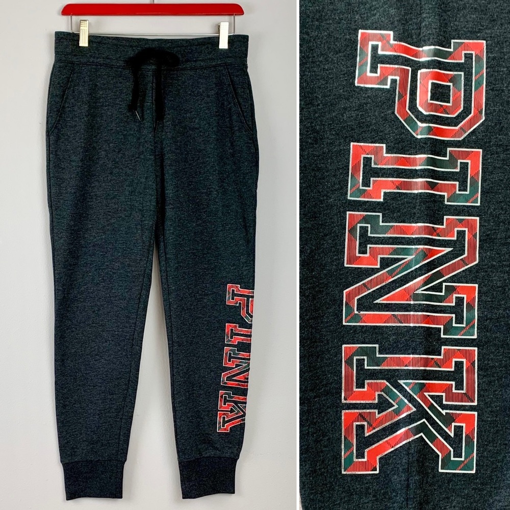 NWT Small PINK Victoria’s Secret Skinny Fleece Joggers Plaid Lounge Athleisure